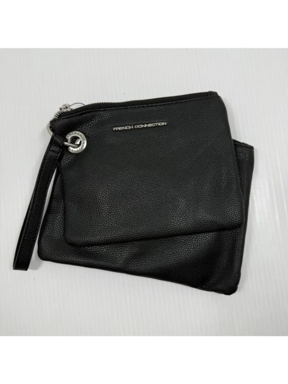 French Connection Lara Pebble Wristlet Black NWT Silver Old Money Clutch Pouch